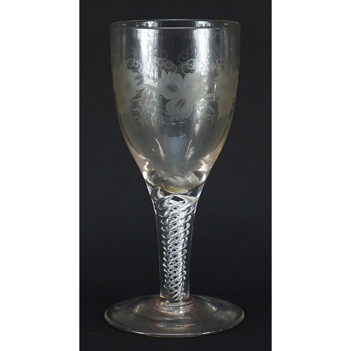 7 - 18th century wine glass with air twist stem and etched bowl, 21cm high