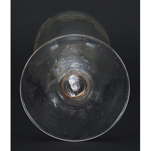7 - 18th century wine glass with air twist stem and etched bowl, 21cm high
