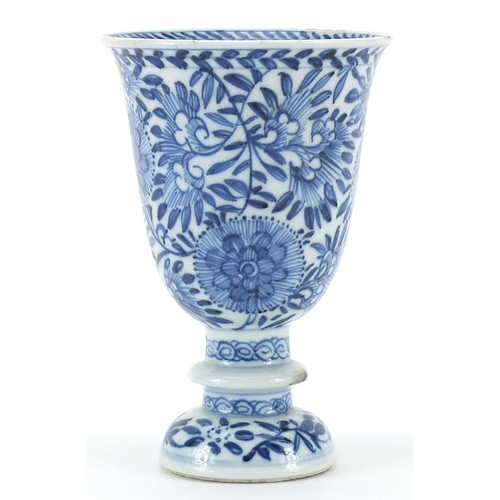 34 - Chinese blue and white porcelain stem cup hand painted with flowers, 12.5cm high