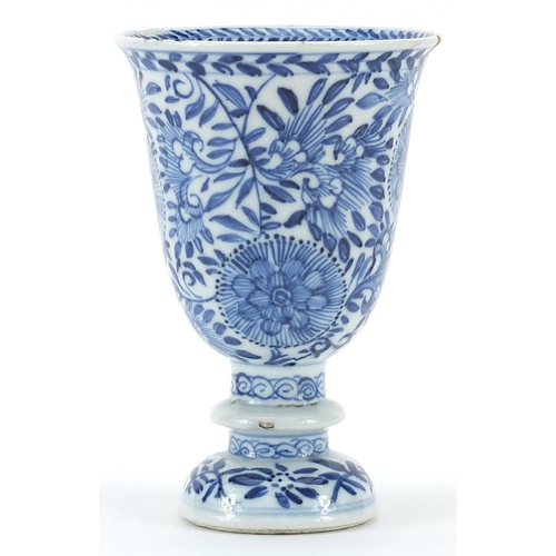 34 - Chinese blue and white porcelain stem cup hand painted with flowers, 12.5cm high