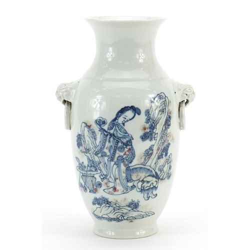 30 - Chinese blue and white with iron red porcelain vase having animalia ring turned handles, hand painte... 