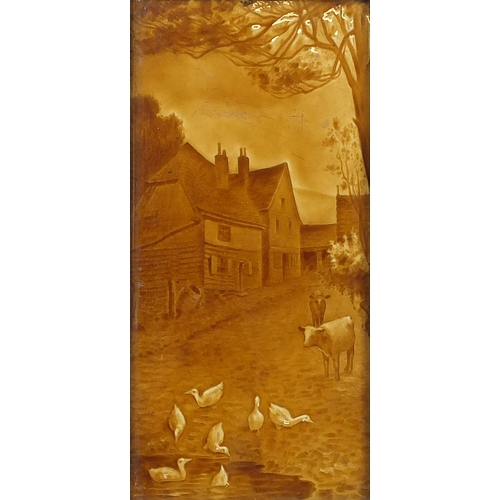 49 - Large Victorian treacle glazed tile hand painted with cattle and ducks in a street, framed, the tile... 
