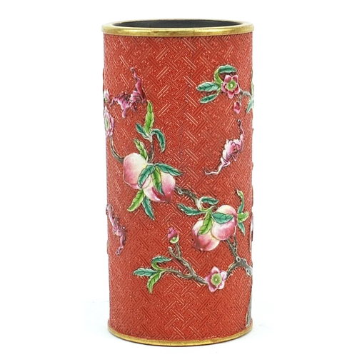 36 - Chinese faux cinnabar lacquer porcelain vase hand painted in the famille rose palette with bats amon... 