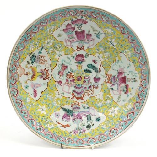 3 - Chinese porcelain charger hand painted in the famille rose palette with lucky objects and flowers. 3... 