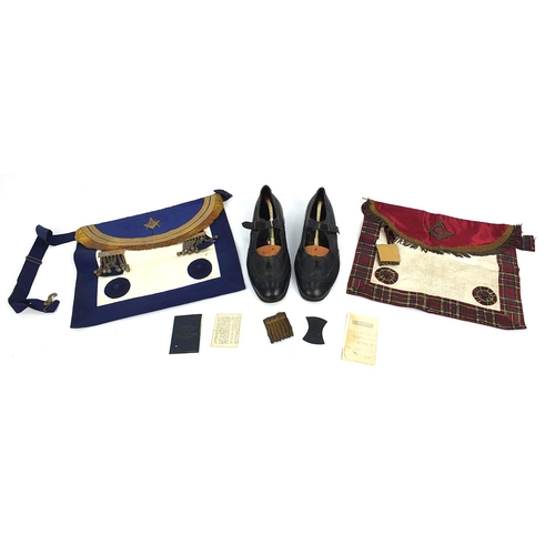 Masonic regalia including aprons, leather shoes, Lodge number 39 Kilsyth St John certificate