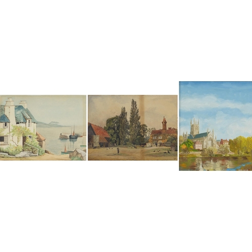 Cornish landscape, village scene and Worcester Cathedral, two watercolours and one oil on board, one signed Isabel Savile, two mounted, unframed, one mounted and framed, the largest 36cm x 25cm excluding the mount