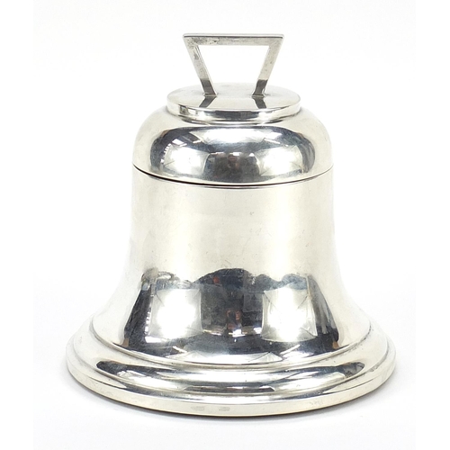 7 - Silver inkwell with hinged lid in the form of a ship's bell, indistinct maker's mark Birmingham 1942... 