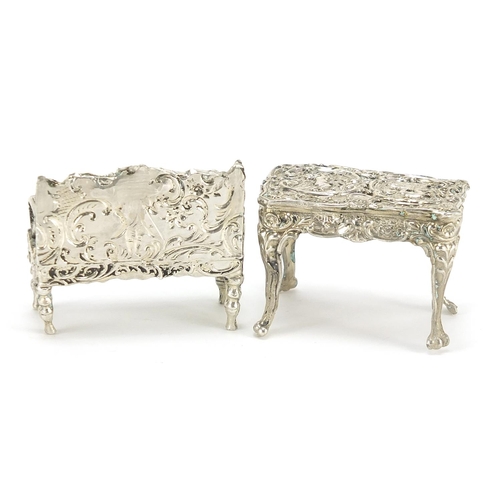 12 - Silver doll's house bench and table embossed with Putti and figures, Birmingham and London import ma... 