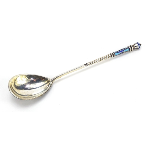 25 - Silver and Champleve enamel spoon, impressed Russian marks, 14cm in length, 24.2g