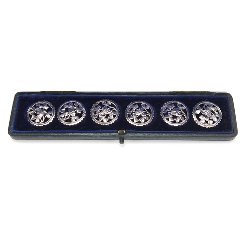 44 - Joseph Henry Raymond, set of six silver buttons with fitted case, London 1902, each 2.4cm in diamete... 