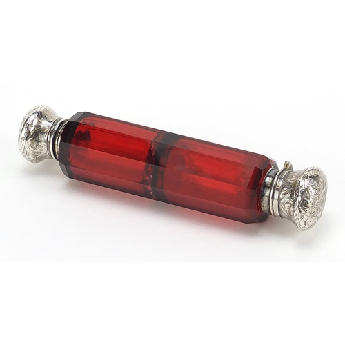 17 - Victorian unmarked silver ruby glass double ended scent bottle, 12.5cm in length