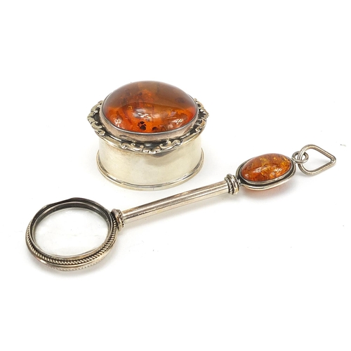 35 - Silver and amber trinket box and magnifying glass, the largest 13cm in length, total 78.5g