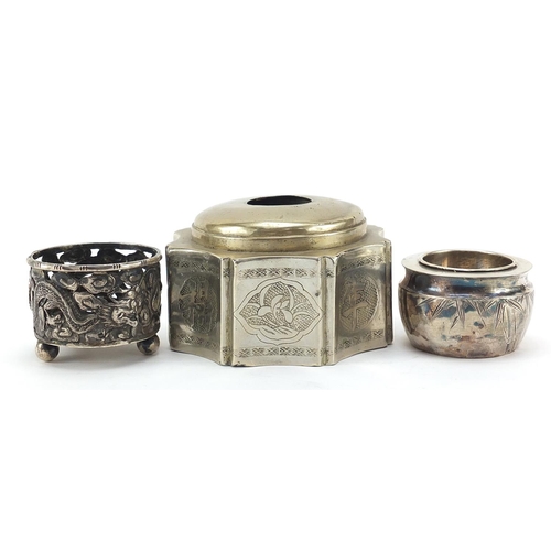 47 - Two Chinese silver salts and silver coloured metal inkwell, the largest 8.7cm in diameter, total 280... 