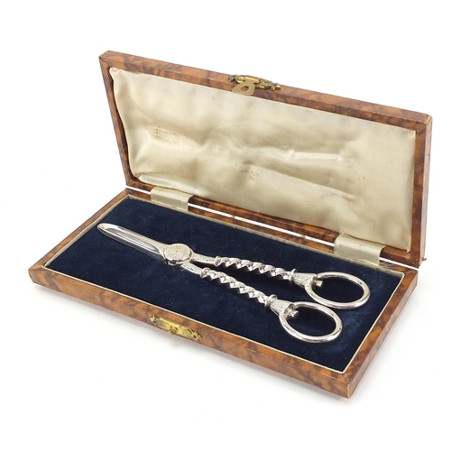 56 - William Hutton & Sons Ltd, pair of Edwardian silver grape scissors with velvet and silk lined fitted... 