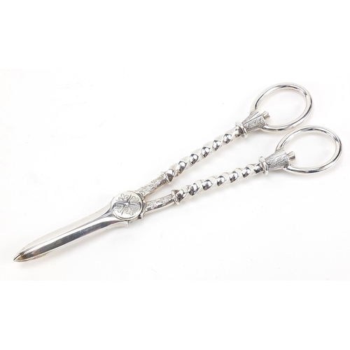 56 - William Hutton & Sons Ltd, pair of Edwardian silver grape scissors with velvet and silk lined fitted... 
