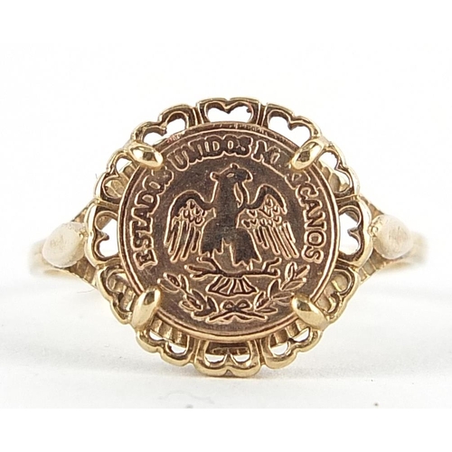 9ct gold Mexican coin design ring, size O/P, 2.0g