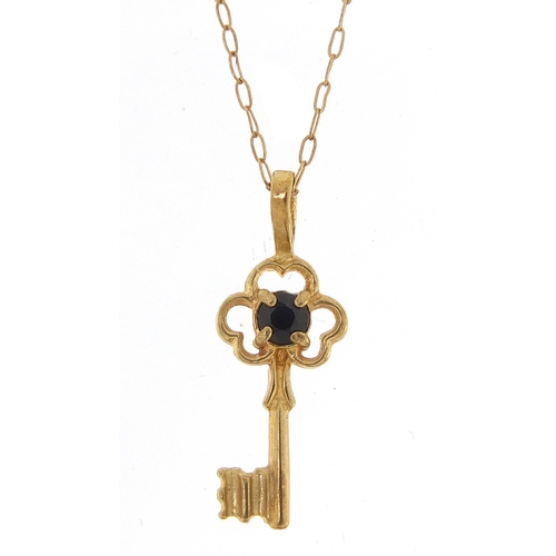 49 - Unmarked gold sapphire key pendant, (tests as 9ct gold) on a 9ct gold necklace, 2cm high and 40cm in... 
