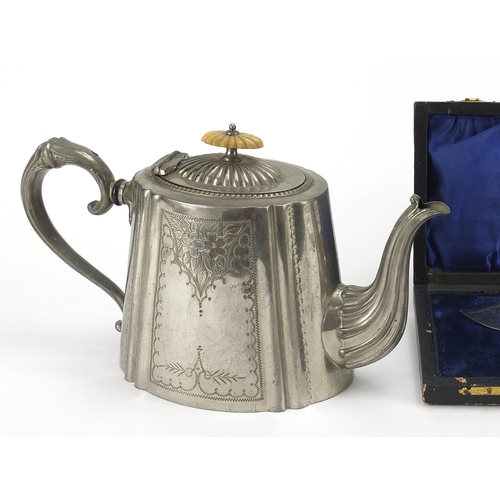 52 - Silver plated teapot with ivory knop and pair of silver plated fish servers with ivorine handles hou... 