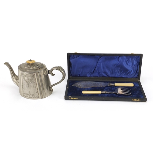 52 - Silver plated teapot with ivory knop and pair of silver plated fish servers with ivorine handles hou... 
