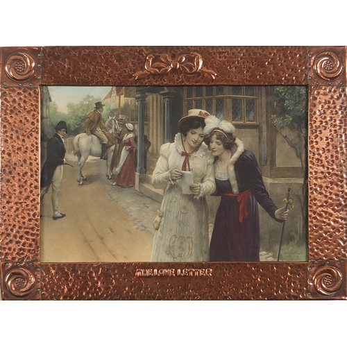 28 - Rectangular Arts & Crafts beaten copper frame embossed the love letter housing a coloured George She... 