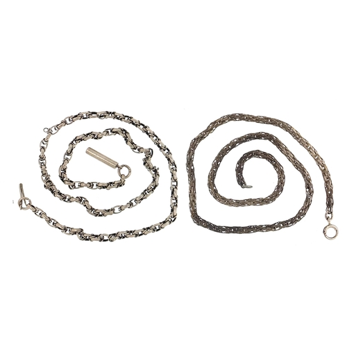 21 - Silver Belcher link necklace and silver coloured metal necklace, each 46cm in length, total weight 3... 