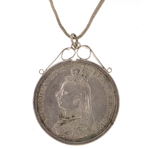 18 - Queen Victoria 1889 silver crown with silver pendant mount on necklace, the necklace 42cm in length,... 