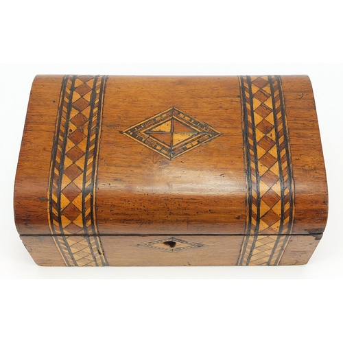 40 - Victorian inlaid walnut Tunbridge ware style work box with hinged lid, 8.5cm H x 20cm W x 13cm D