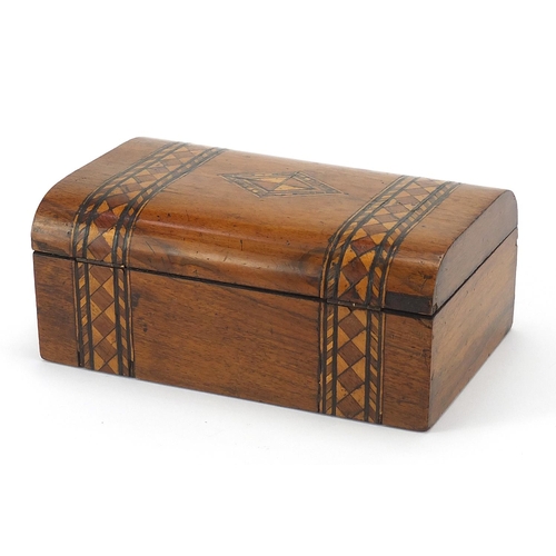40 - Victorian inlaid walnut Tunbridge ware style work box with hinged lid, 8.5cm H x 20cm W x 13cm D