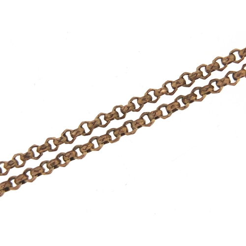 13 - Victorian gold coloured metal longuard chain, 84cm in length, 15.3g