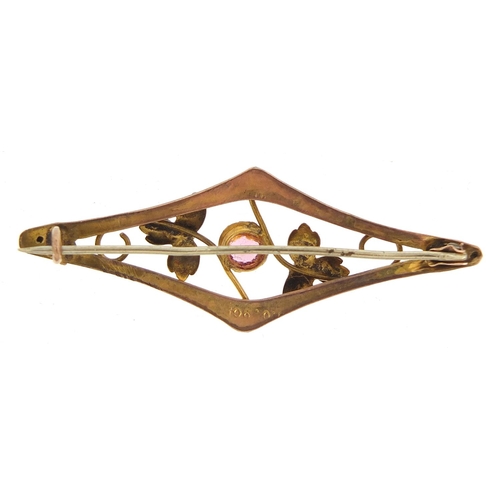 14 - Art Nouveau 9ct gold bar brooch set with a pink stone, 4.8cm wide, 1.6g