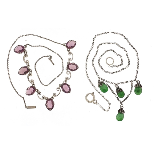 15 - Two Sterling silver necklaces set with purple and green stones, 42cm and 40cm in length, 17.4g