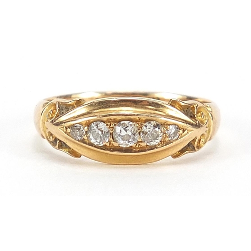 1 - Edwardian 18ct gold diamond five stone ring with scrolled shoulders, Birmingham 1907, size M, 3.5g