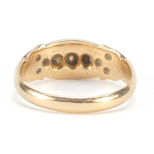 1 - Edwardian 18ct gold diamond five stone ring with scrolled shoulders, Birmingham 1907, size M, 3.5g