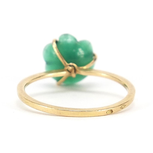 12 - Continental gold green stone and diamond flower head ring, size J, 1.4g