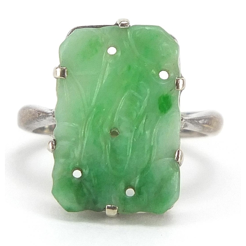 3 - 9ct white gold Chinese green jade ring, size K, 3.8g