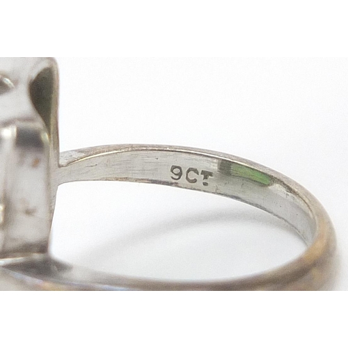 3 - 9ct white gold Chinese green jade ring, size K, 3.8g