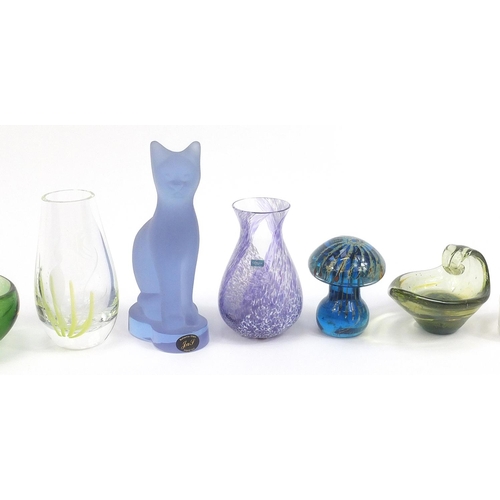 38 - Art glassware including Mdina mushroom paperweight, Bohemian purple glass cat paperweight, Caithness... 