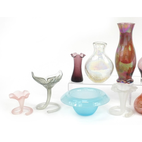 39 - Art glassware including iridescent baluster vase with combed decoration, purple glass decanter and f... 