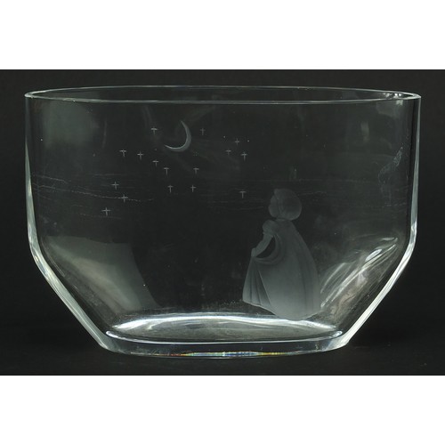 32 - Orrefors, Swedish glass vase etched with a young girl looking at a moonlit sky, etched marks to the ... 