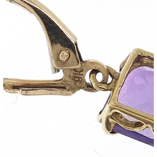 21 - Pair of 9ct gold amethyst drop earrings, 2.8cm high, 2.3g