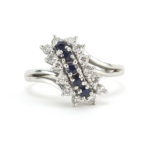 30 - Platinum sapphire and diamond three row ring, size R, 8.7g