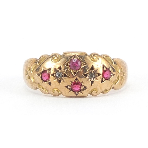 49 - Edwardian 9ct gold ruby and diamond Gypsy ring, Chester 1909, size M, 2.1g