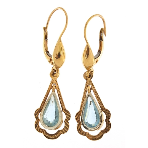38 - Pair of 18ct gold aquamarine drop earrings, 4.0cm high, 3.9g