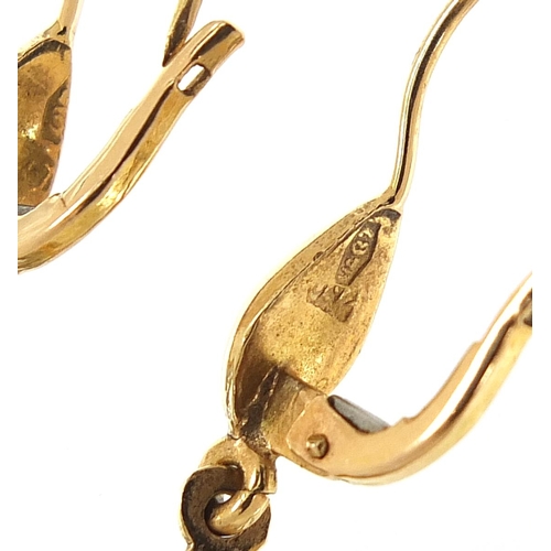 38 - Pair of 18ct gold aquamarine drop earrings, 4.0cm high, 3.9g