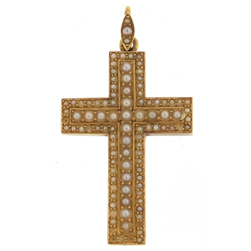 16 - Victorian unmarked gold seed pearl cross pendant, (tests as 15ct gold) 4.6cm high, 5.1g