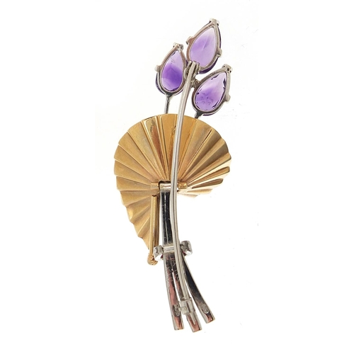 46 - Alabaster & Wilson, Art Deco style 9ct two tone gold amethyst and ruby brooch, 6cm wide, 10.8g