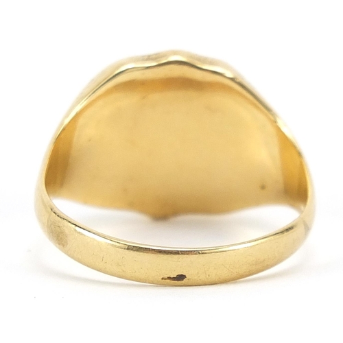 24 - Antique unmarked gold hardstone shield signet ring (tests as 15ct + gold) size T/U, 6.7g