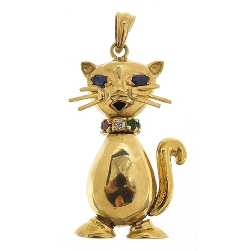 28 - 9ct gold articulated cat pendant set with colourful stones, 4.5cm high, 10.0g