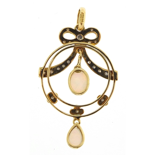34 - Art Nouveau style 9ct gold cabochon opal and diamond pendant, 4cm high, 4.3g