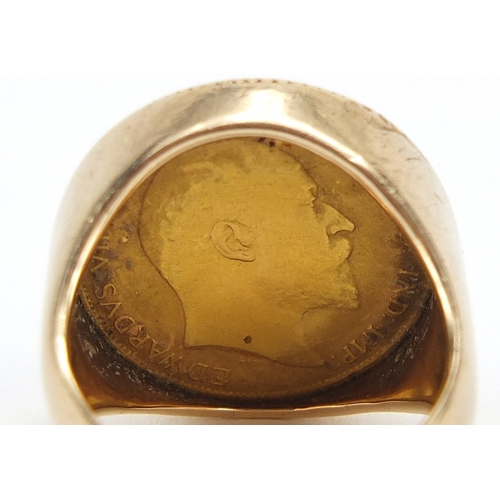 37 - Edward VII 1909 gold half sovereign with 9ct gold ring mount, size Q, 11.7g